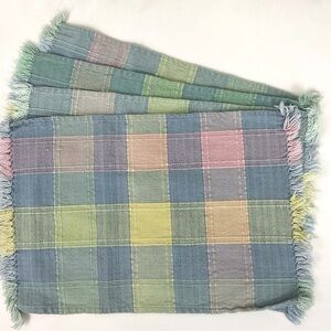 Vintage 4 piece soft pastel plaid checkered cotton placemats fringe edges